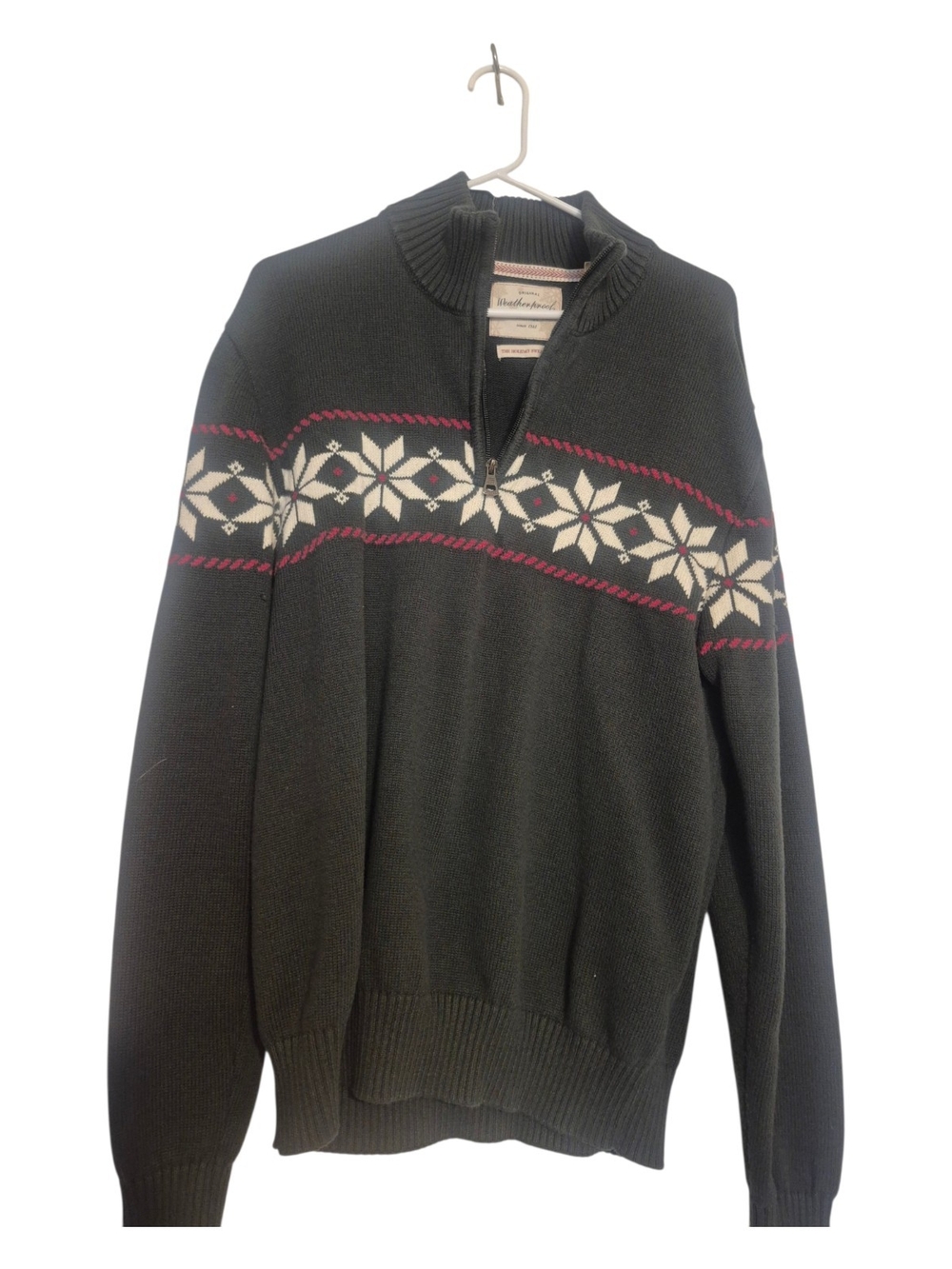 Weatherproof Green Quarter Zip-Up Sweater with White and Red Fair Isle Band